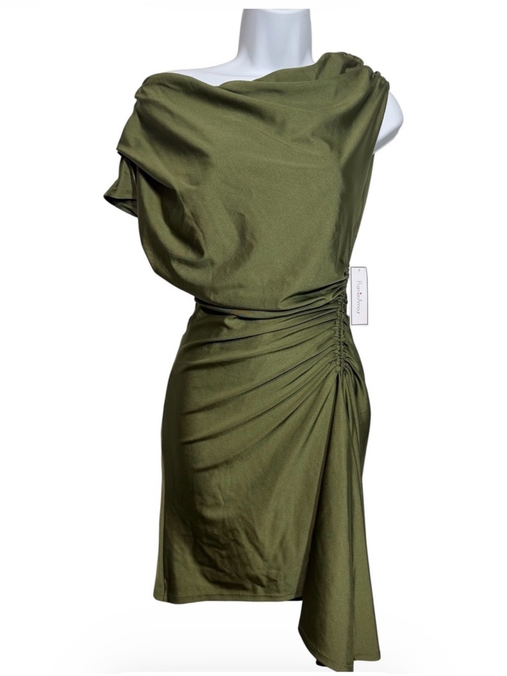 Premier Olive One-Shoulder Ruched Asymmetrical Dress